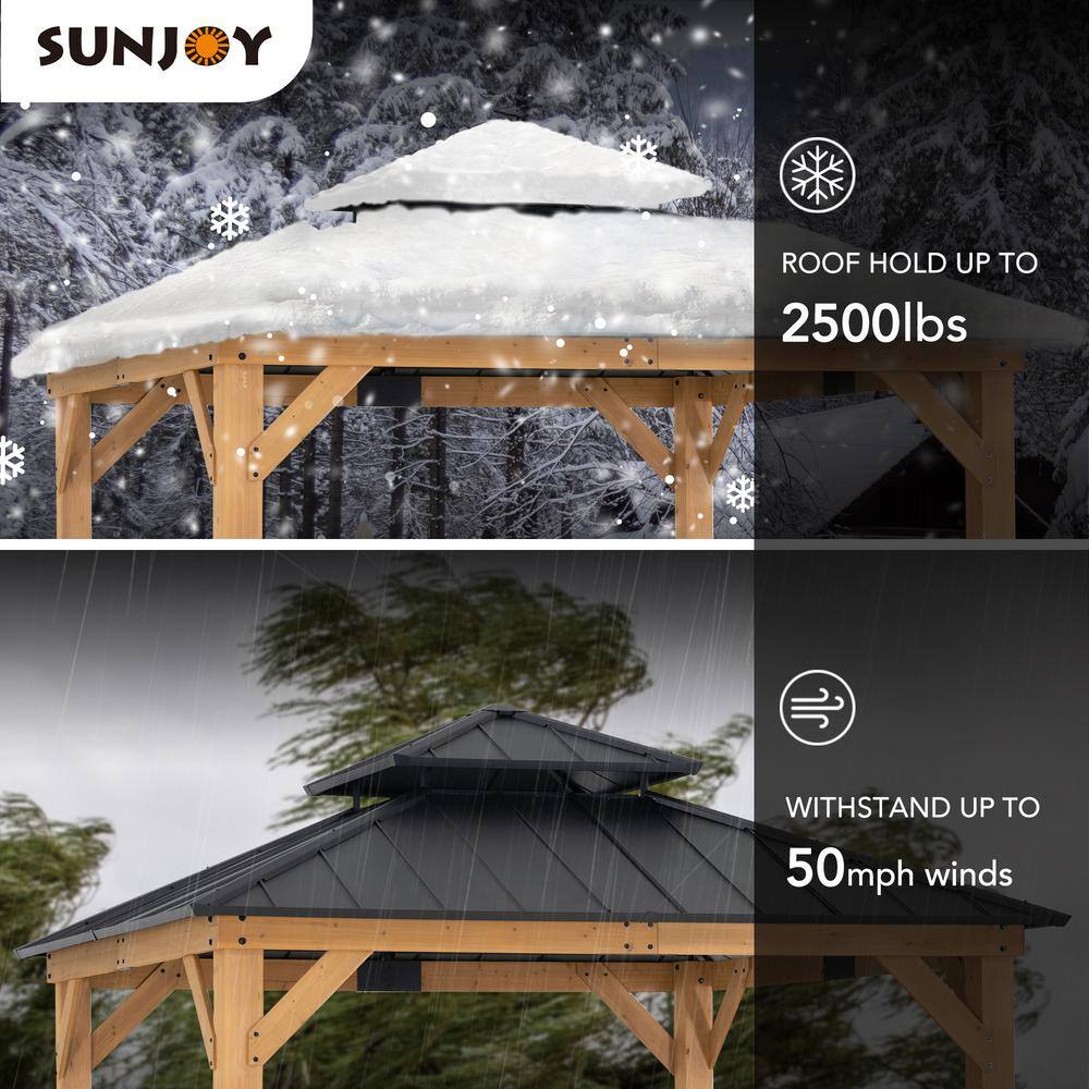 Sunjoy 11 ft. x 11 ft. Black 2-Tier Wooden Frame Hardtop Gazebo for Garden, Backyard Shade with Ceiling Hook A102007390