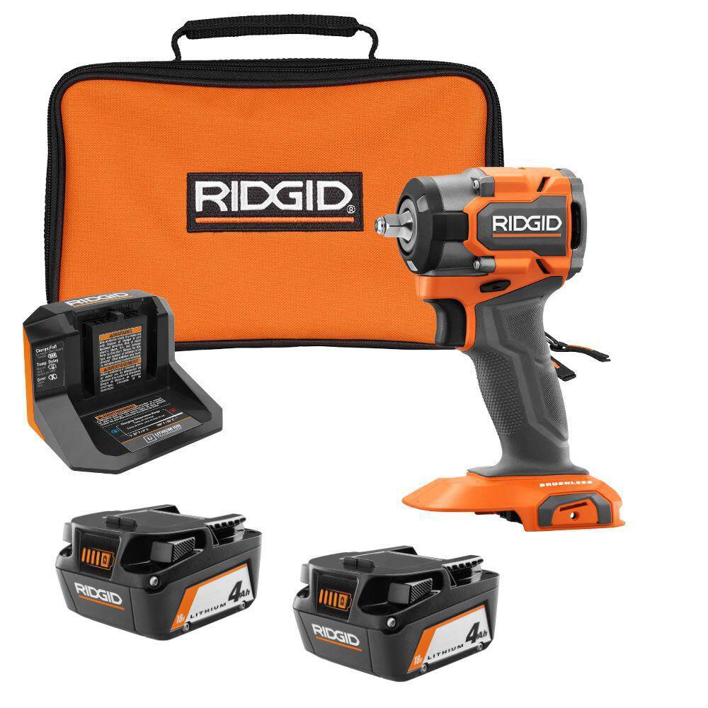 RIDGID 18V (2) 4.0 Ah Batteries and Charger Kit with 18V Brushless SubCompact 3/8 in. Impact Wrench AC93044SBN-R872071B