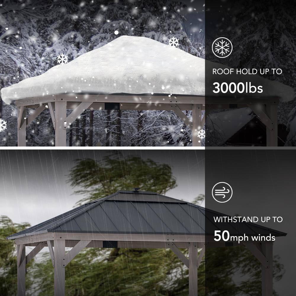 Sunjoy 11 ft. x 13 ft. Grayden Cedar Framed Gazebo with Black Steel and Polycarbonate Hip Roof with Solar Powered LED Lights A102005890