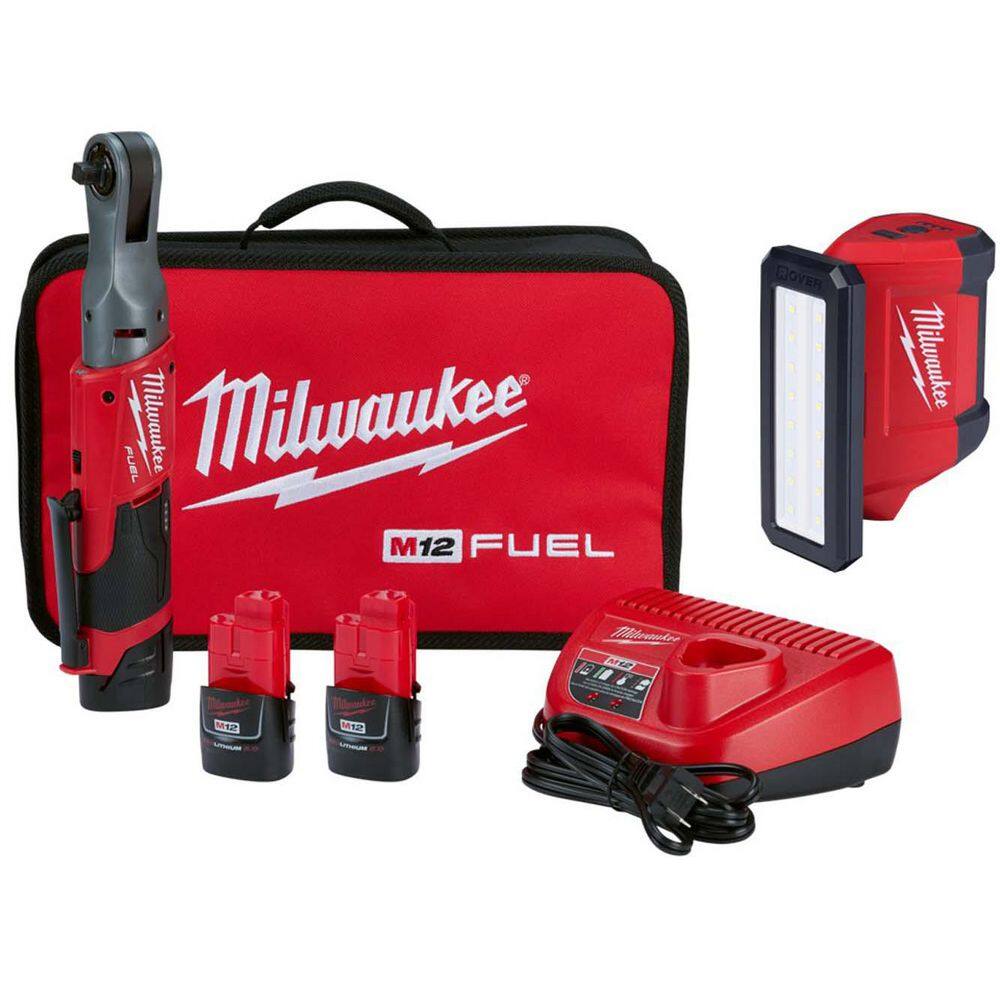 Milwaukee M12 FUEL 12V Li-Ion Brushless 3/8 in. Cordless Ratchet Kit w (2) 2. 0Ah Batteries, Charger, Bag & M12 ROVER Flood Light 2557-22-2367-20