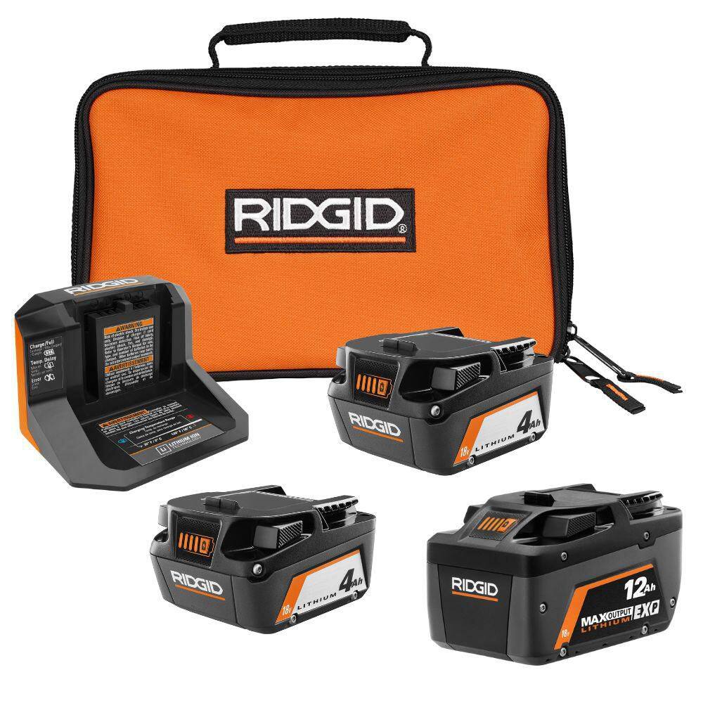 RIDGID 18V 12.0 Ah MAX Output EXP Lithium-Ion Battery with 18V (2) 4.0 Ah Batteries and Charger Kit AC93044SBN-AC840120