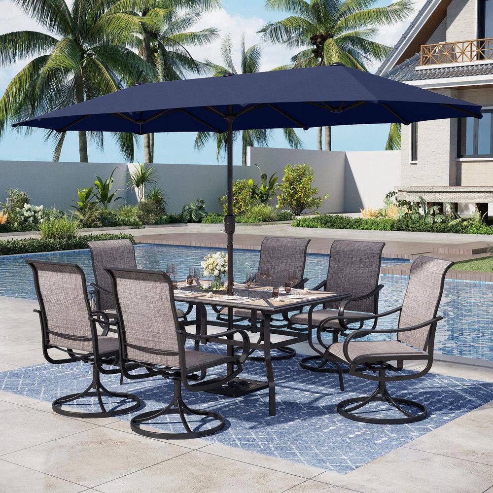 PHI VILLA Black 8-Piece Metal Rectangle Patio Outdoor Dining Set with Geometric Table, Umbrella and Textilene Swivel Chairs THD8-104-93BZ