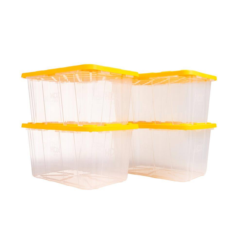 HDX 27 Gal. Tough Storage Tote in Clear with Yellow Lid (4-Pack) 999-HDX-27G-C4