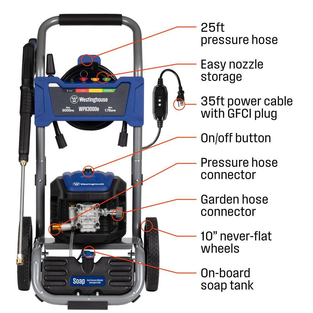 Westinghouse 3000 PSI 1.76 GPM 13 Amp Cold Water Electric Powered Pressure Washer with Turbo Nozzle and 5-Quick Connect Tips WPX3000e