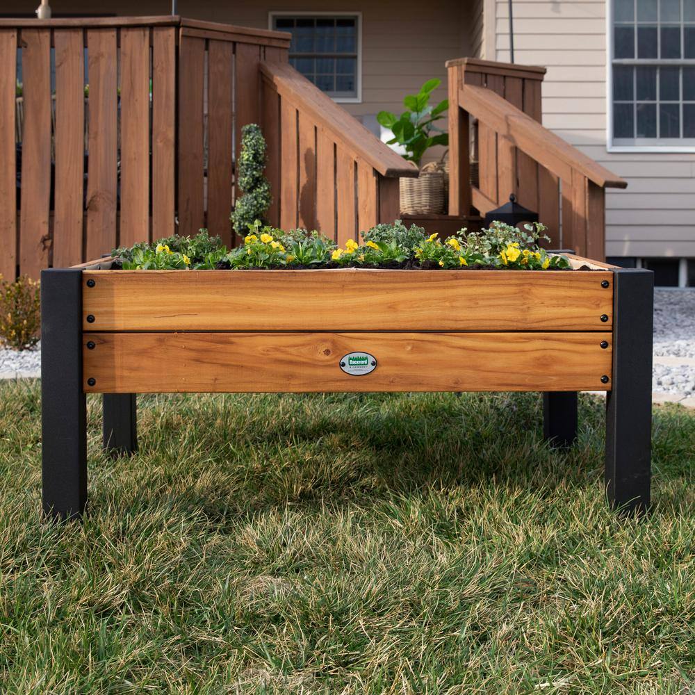 Backyard Discovery 44 in. x 25 in. Teak Wood Raised Garden Bed Planter w/Powder Coated Steel Accents and Mesh Liner for Balcony Porch Patio 2204058com
