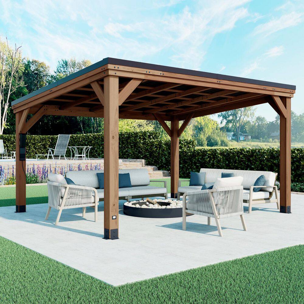 Backyard Discovery Arcadia 12 ft. x 14 ft. Light Brown Cedar Wood Outdoor Patio Gazebo with Hardtop Galvanized Steel Slope Roof, PowerPort 2406063com