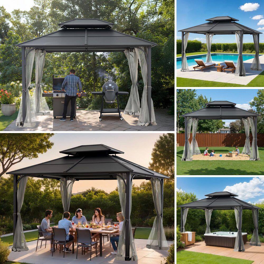 Sunjoy 10 ft. x 12 ft. Black Steel Hardtop Gazebo with 2-Tier Hip Roof and Ceiling Hook and Removable Netting Sidewalls A102009121