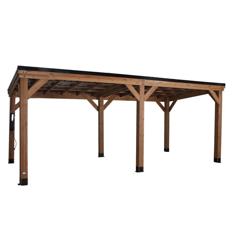 Backyard Discovery Arcadia 20 ft. x 9 ft. 6 in. All Cedar Wood Carport Pavilion Gazebo with Hard Top Steel Metal Roof and Electric, Brown 2306066COM