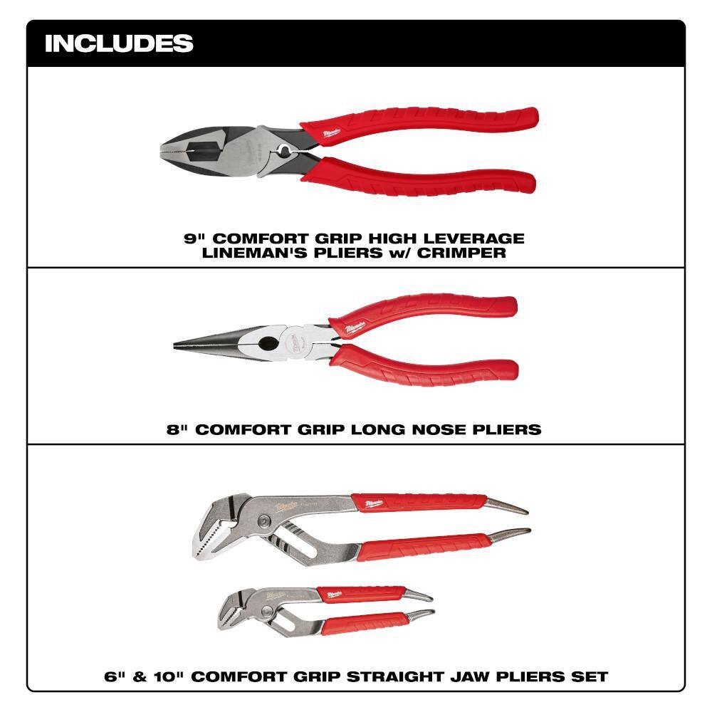 Milwaukee 10 in. High Leverage Lineman's Pliers with Crimper and Long Nose Pliers & 6 in./10 in. Straight-Jaw Pliers Set (4-Piece) 48-22-6100-48-22-6101-48-22-6330