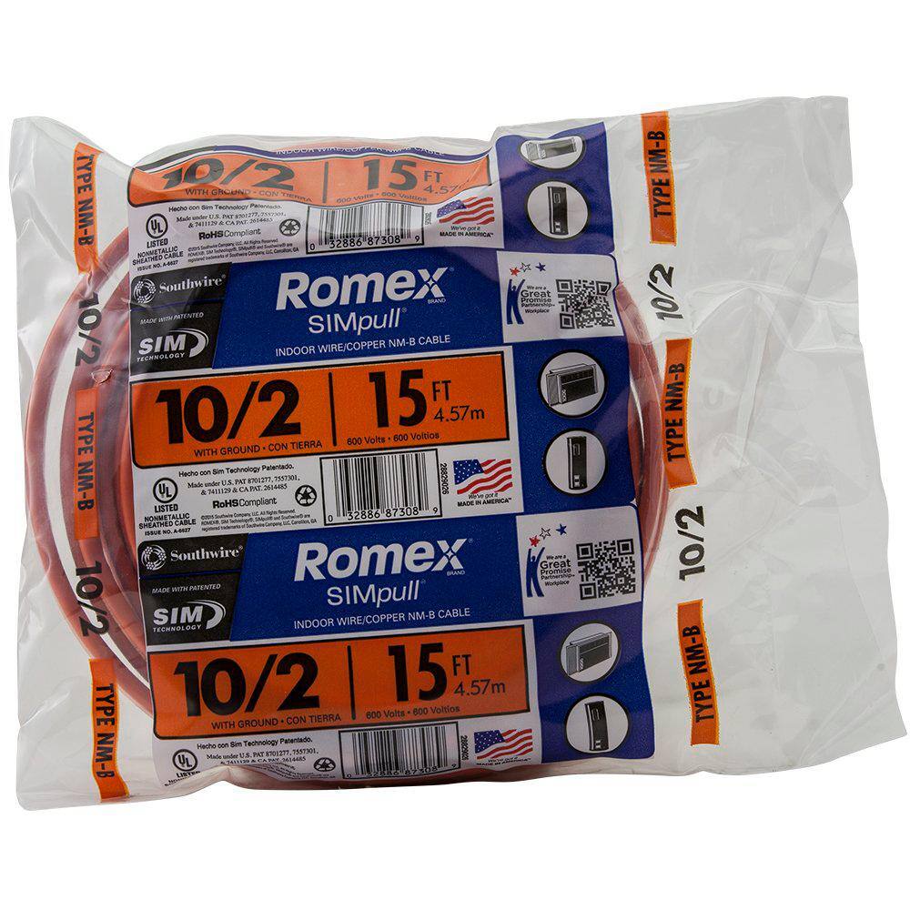 Southwire 15 ft. 10/2 Solid Romex SIMpull CU NM-B W/G Wire 28829026
