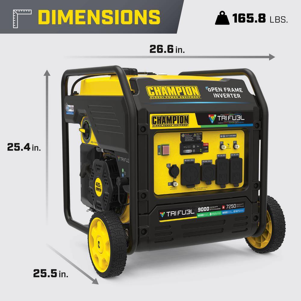 Champion Power Equipment 9000-Watt Electric Start Gasoline Propane and Natural Gas Tri Fuel Open Frame Inverter Generator, CO Shield, NG/LPG Hose 201176