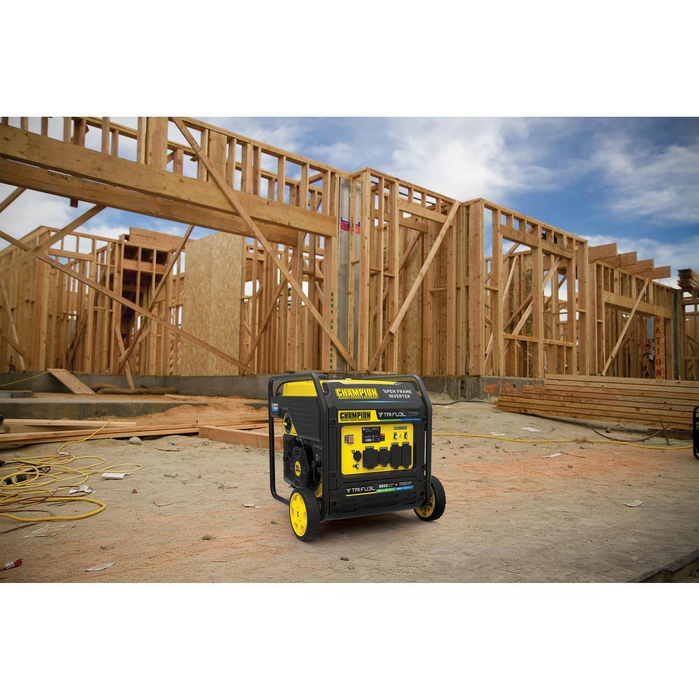 Champion Power Equipment 9000-Watt Electric Start Gasoline Propane and Natural Gas Tri Fuel Open Frame Inverter Generator, CO Shield, NG/LPG Hose 201176