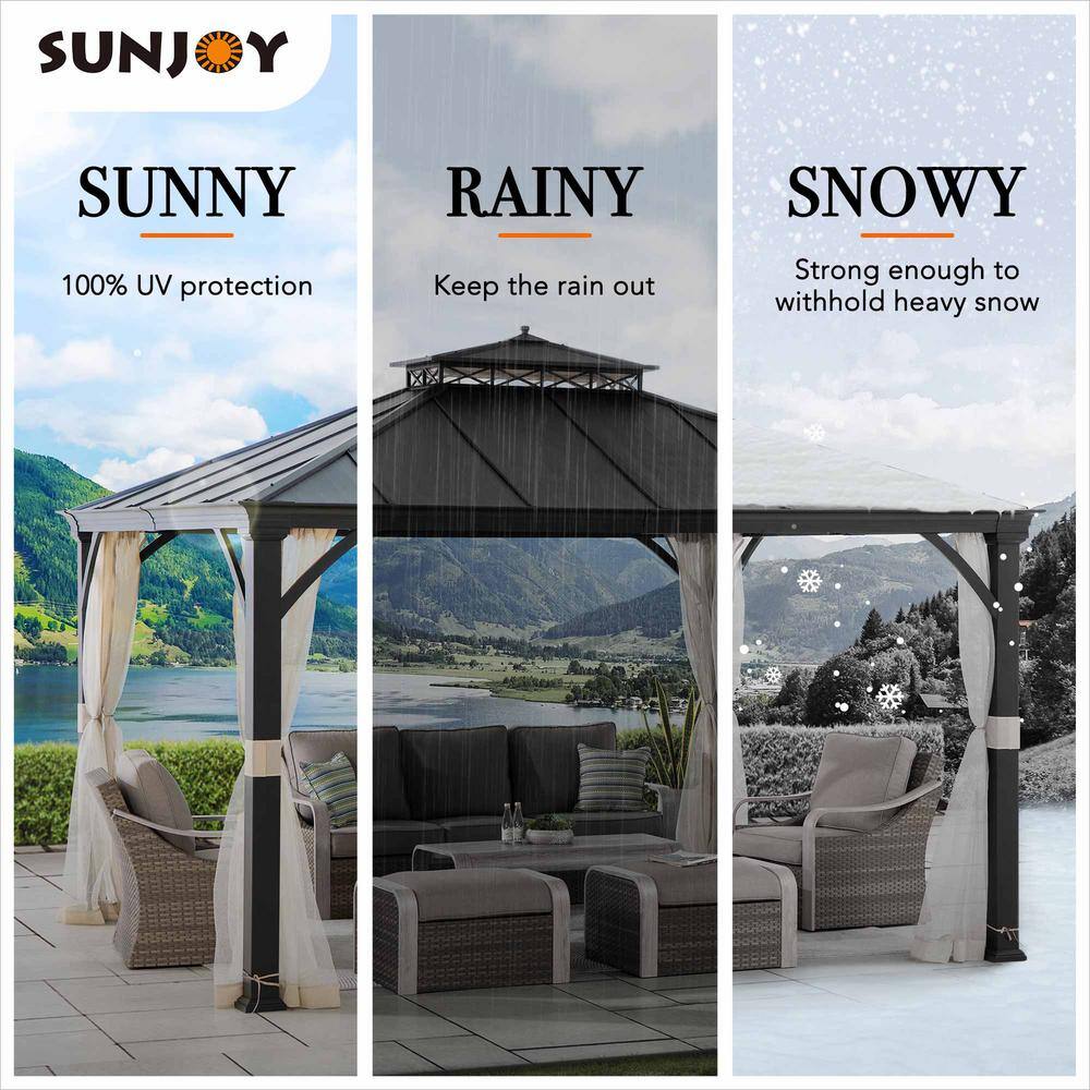 Sunjoy 11 ft. x 13 ft. Black Power-Coated 2-Tier Steel Roof Backyard Hardtop Gazebo with Metal Ceiling Hook and Netting A102006920