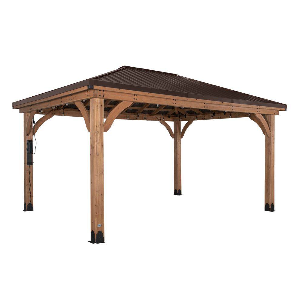 Backyard Discovery Barrington 16 ft. x 12 ft. All Cedar Wood Outdoor Gazebo Structure w/Hard Top Steel Metal Hip Roof and Electric, Brown 2206052COM