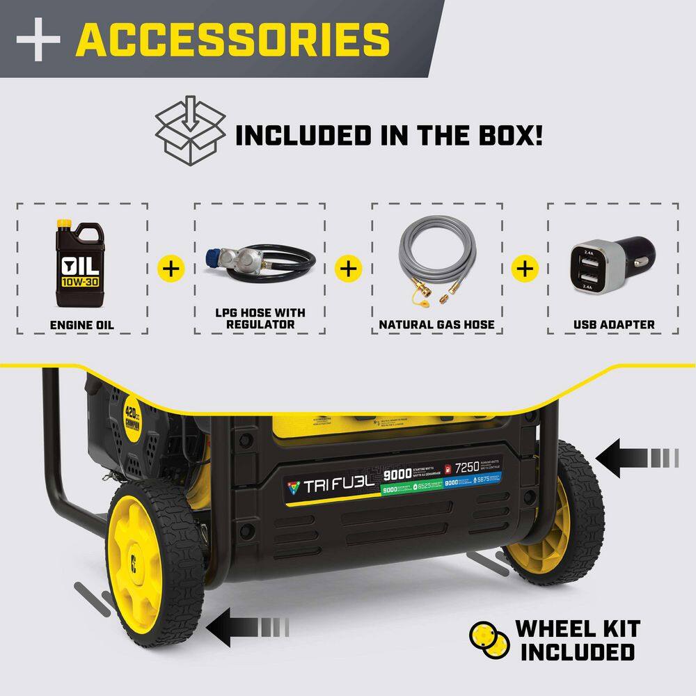 Champion Power Equipment 9000-Watt Electric Start Gasoline Propane and Natural Gas Tri Fuel Open Frame Inverter Generator, CO Shield, NG/LPG Hose 201176