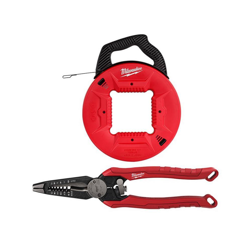 Milwaukee 1/4 in. x 100 ft. Steel Fish Tape with 9 in. 7-in-1 Combination Wire Strippers Pliers 48-22-4185-48-22-3078