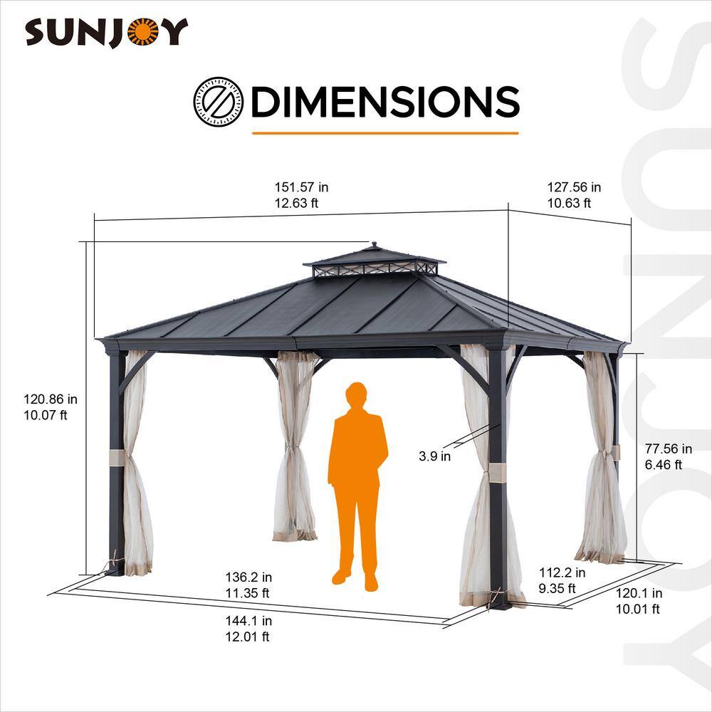 Sunjoy 11 ft. x 13 ft. Black Power-Coated 2-Tier Steel Roof Backyard Hardtop Gazebo with Metal Ceiling Hook and Netting A102006920