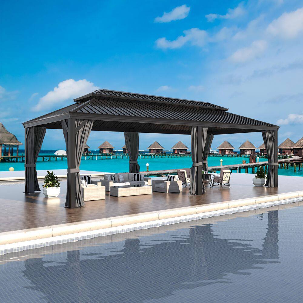 VEIKOUS 24 ft. W x 14 ft. L Aluminum Double Hardtop Gazebo with Curtains and Netting PG0201-24-4
