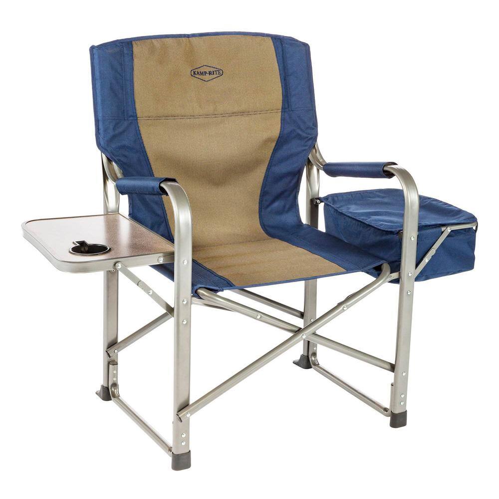 Kamp-Rite Portable Director's Chair with Cooler, Cup Holder, & Side Table, Navy/Tan KAMPCC118