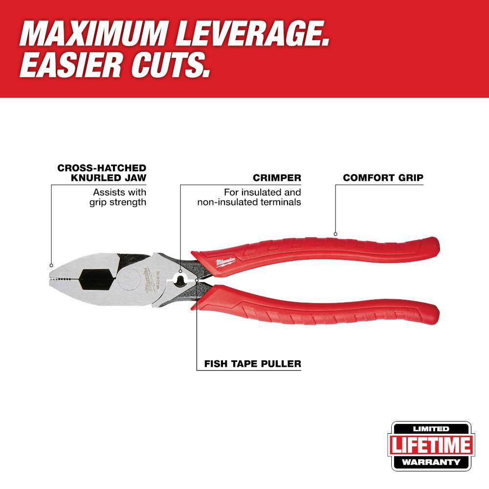 Milwaukee 10 in. High Leverage Lineman's Pliers with Crimper and Long Nose Pliers & 6 in./10 in. Straight-Jaw Pliers Set (4-Piece) 48-22-6100-48-22-6101-48-22-6330
