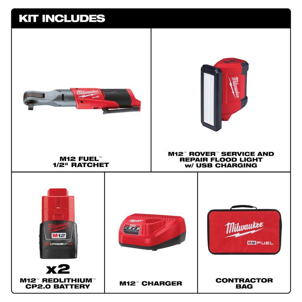 Milwaukee M12 FUEL 12V Li-Ion Brushless 1/2 in. Cordless Ratchet Kit w (2) 2. 0Ah Batteries, Charger, Bag & M12 ROVER Flood Light 2558-22-2367-20