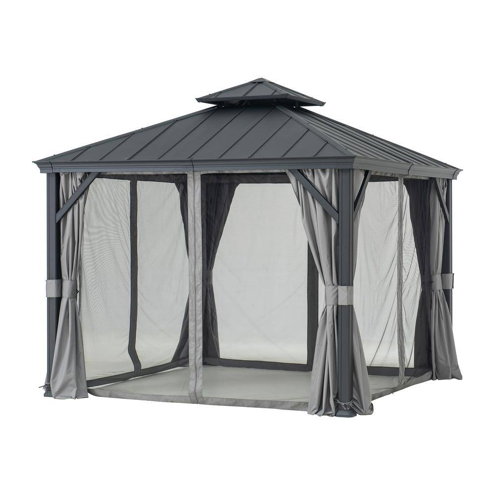 Sunjoy 10 ft. x 10 ft. Aluminum Frame and Black Power-Coated 2-Tier Steel Hardtop Gazebo for Backyard with Netting and Curtain A102012121