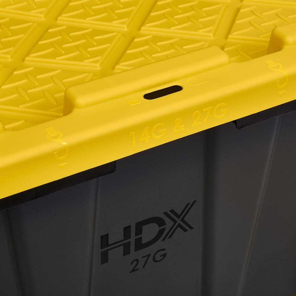HDX 27 Gal. Tough Storage Tote in Black with Yellow Lid (4-Pack) 999-HDX-27G-4