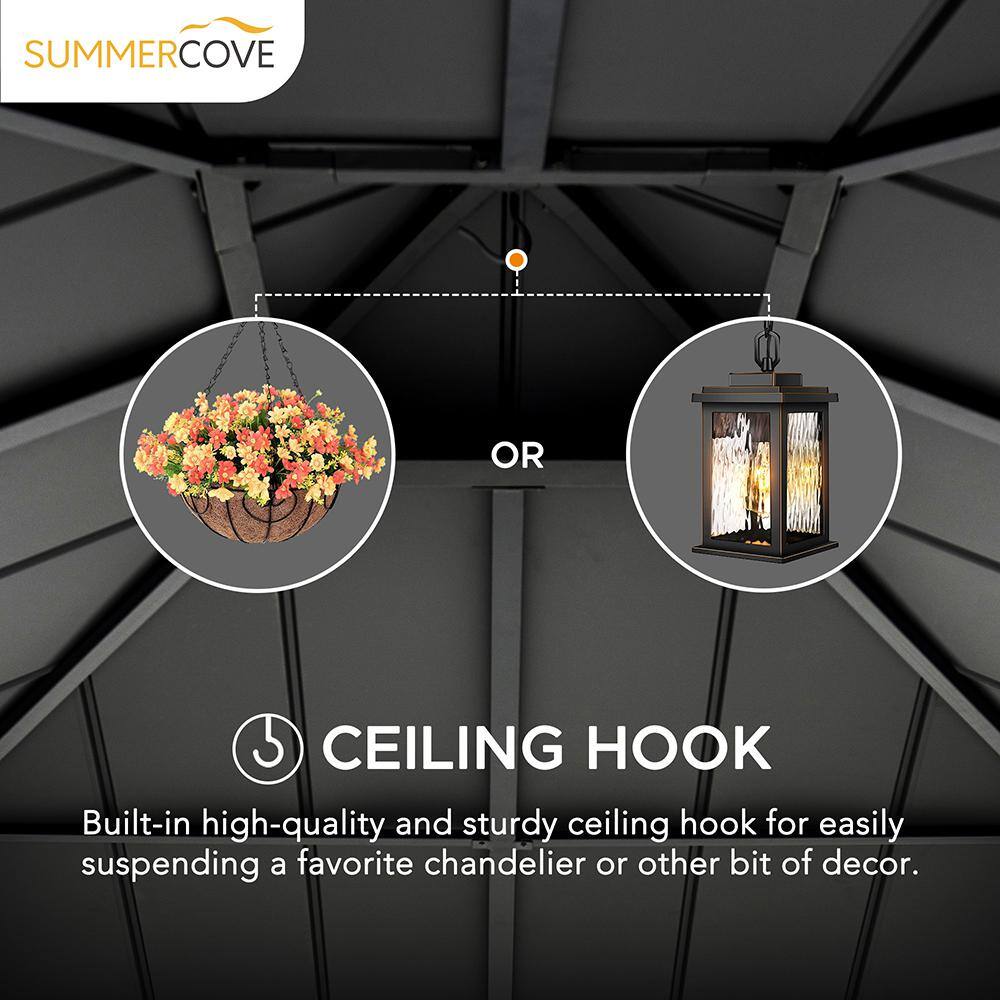 Sunjoy 10 ft. x 10 ft. Aluminum Frame and Black Power-Coated 2-Tier Steel Hardtop Gazebo for Backyard with Netting and Curtain A102012121