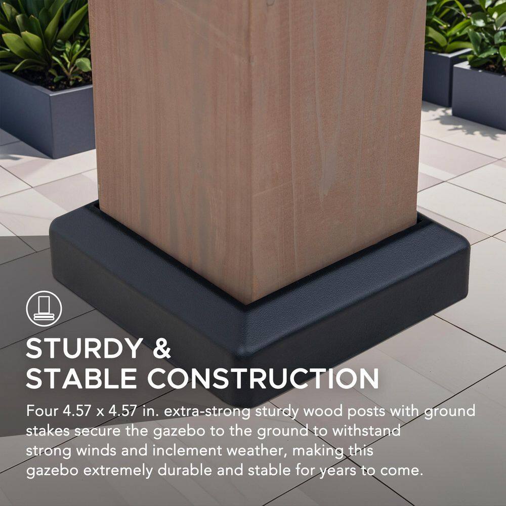 Sunjoy 11 ft. x 13 ft. Cedar Framed Gazebo with Brown Steel and Polycarbonate Hip Roof with Solar Powered LED Lights A102005891