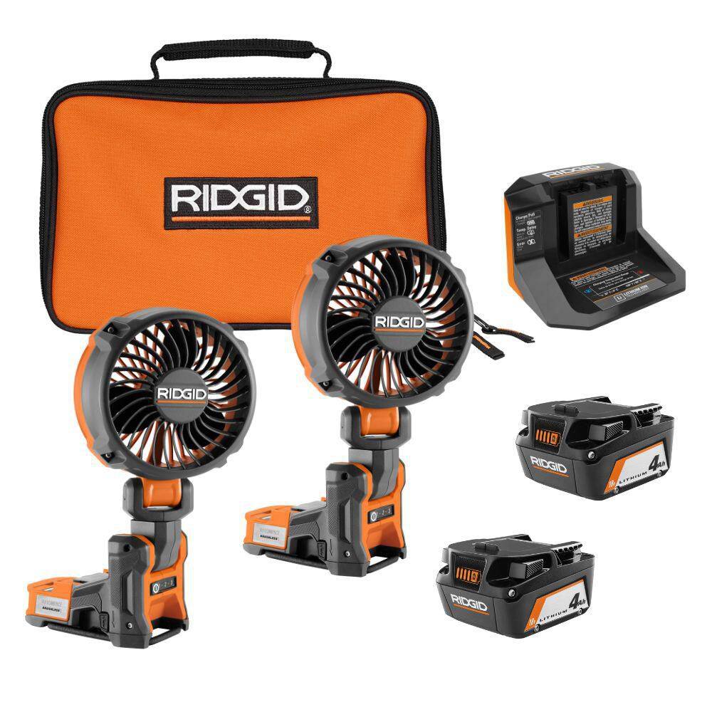 RIDGID 18V SubCompact Brushless Cordless Magnetic Clamp Fan 2-Pack with (2) 4.0 Ah Batteries, Charger, and Bag R860723B-R860723B-AC93044SBN