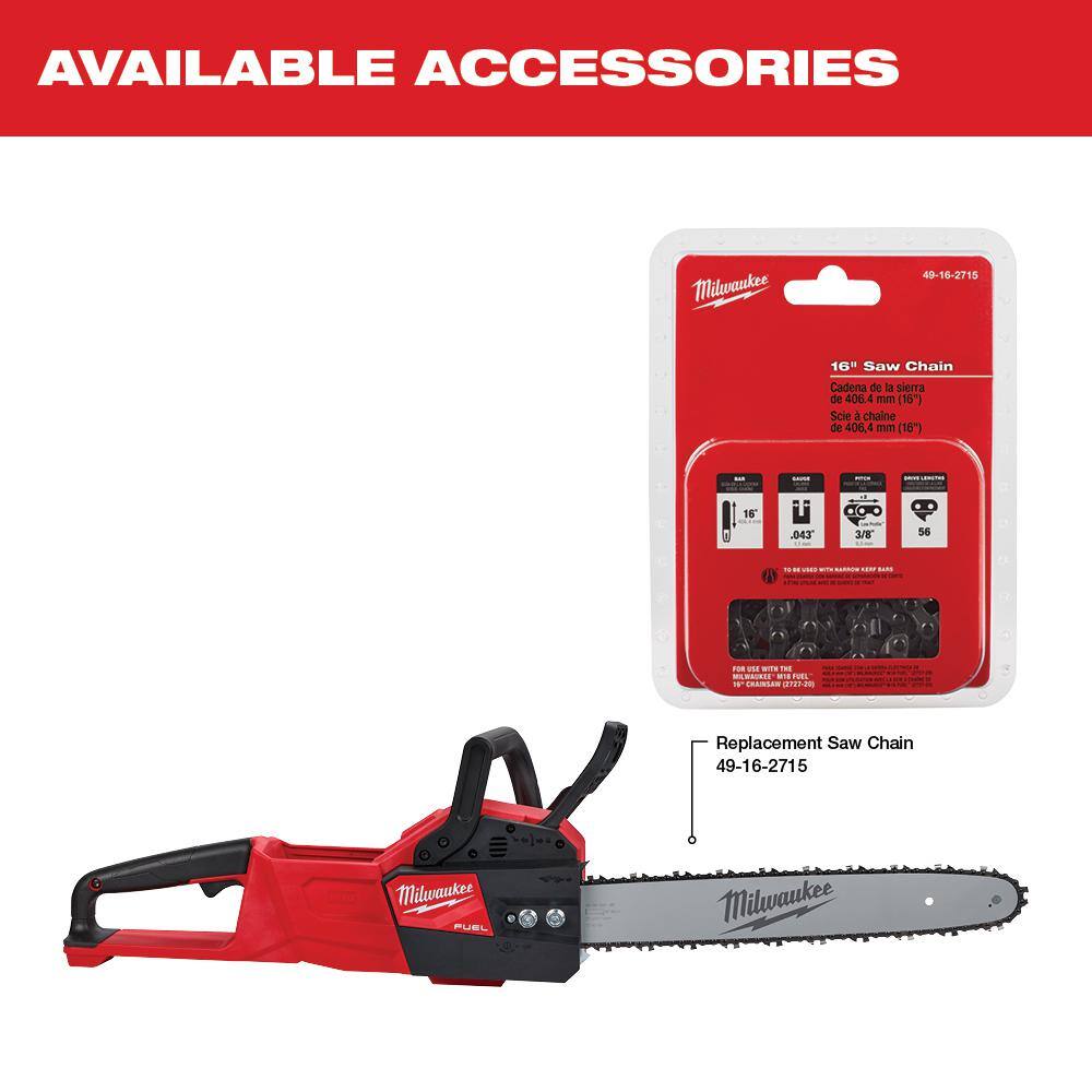 Milwaukee M18 FUEL 18V Lithium-Ion Brushless Battery 16 in. Chainsaw W/ M18 5.0Ah 2727-20-48-11-1850