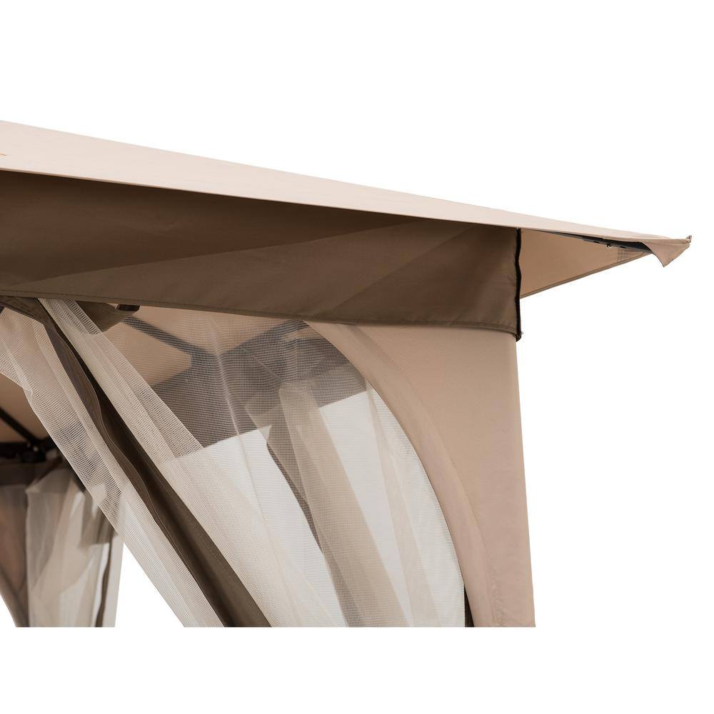 Sunjoy 9.5 ft. x 9.5 ft. 2-Tier Soft Top Gazebo Steel Outdoor Garden Gazebo with Ceiling Hook and Netting, Tan and Brown A101011100