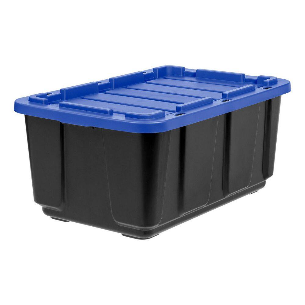 IRIS 27 Gal. Stackable Storage Totes with Lids, Black-Blue, 4Pk 500411