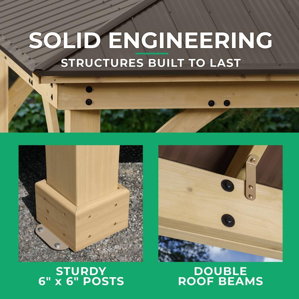 Yardistry Meridian 12 ft. x 14 ft. Premium Cedar Outdoor Patio Shade Gazebo with Architectural Posts and Brown Aluminum Roof YM11772