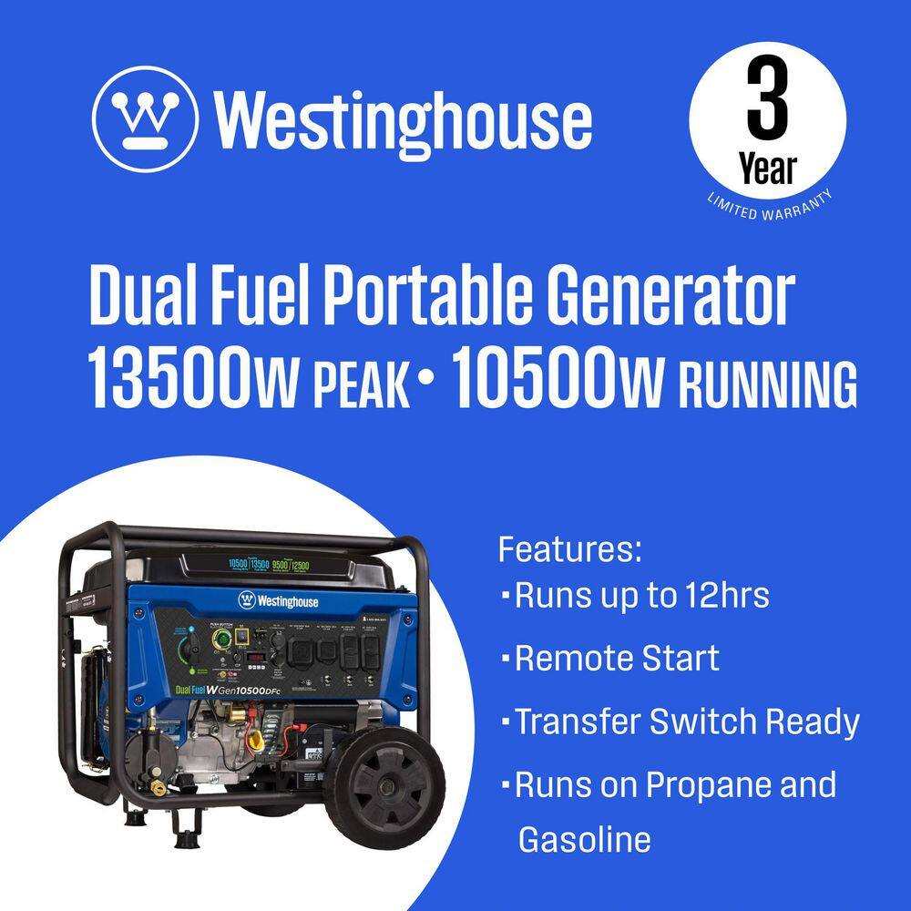 Westinghouse 13,500-Watt/10,500-Watt Remote Start Dual Fuel Gas and Propane Portable Generator with 50A Outlet, CO Sensor WGen10500DFc
