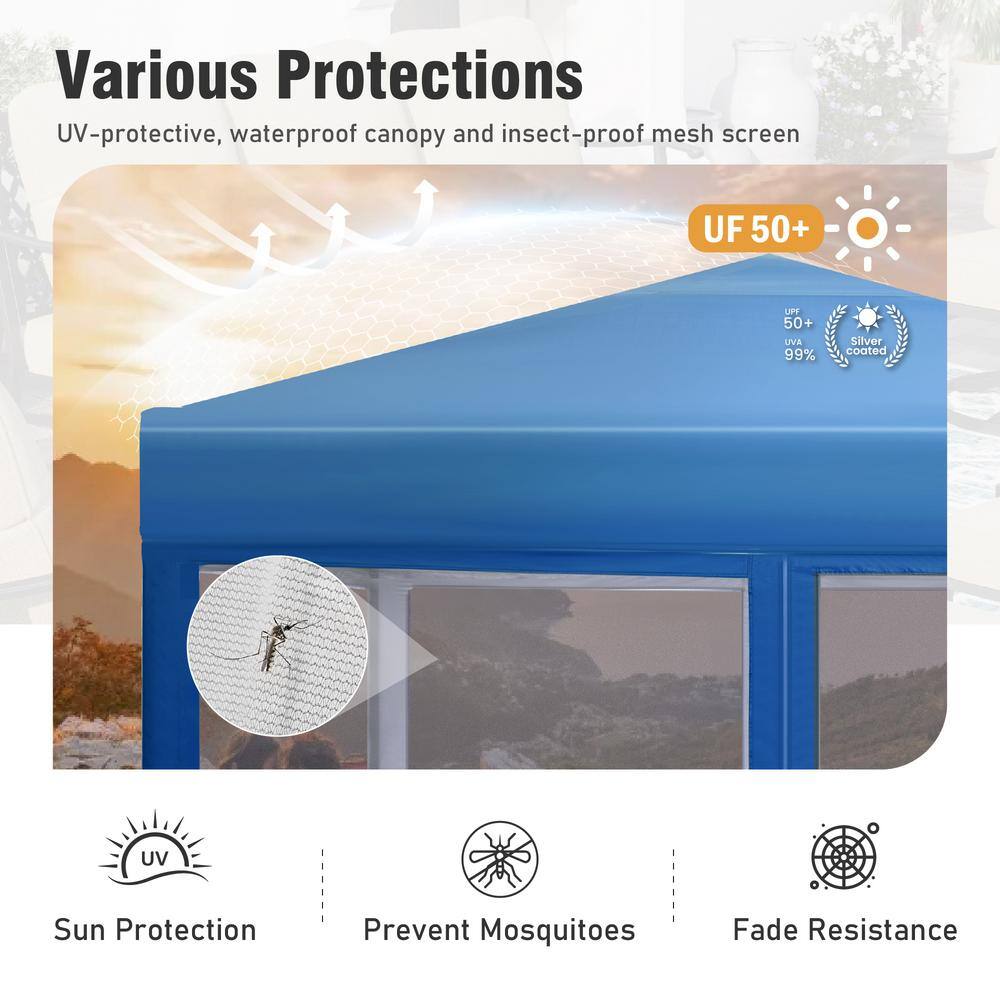 PHI VILLA 10 ft. x 10 ft. Blue Outdoor Patio Pop-Up Canopy with Netting THD-GA025-BL