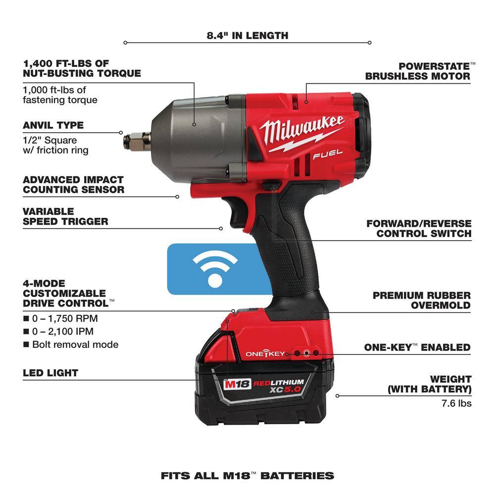 Milwaukee M18 FUEL ONE-KEY 18V Lithium-Ion Brushless Cordless 1/2 in. Impact Wrench w/ Friction Ring, M18 5.0 Ah Battery 2863-20-48-11-1850