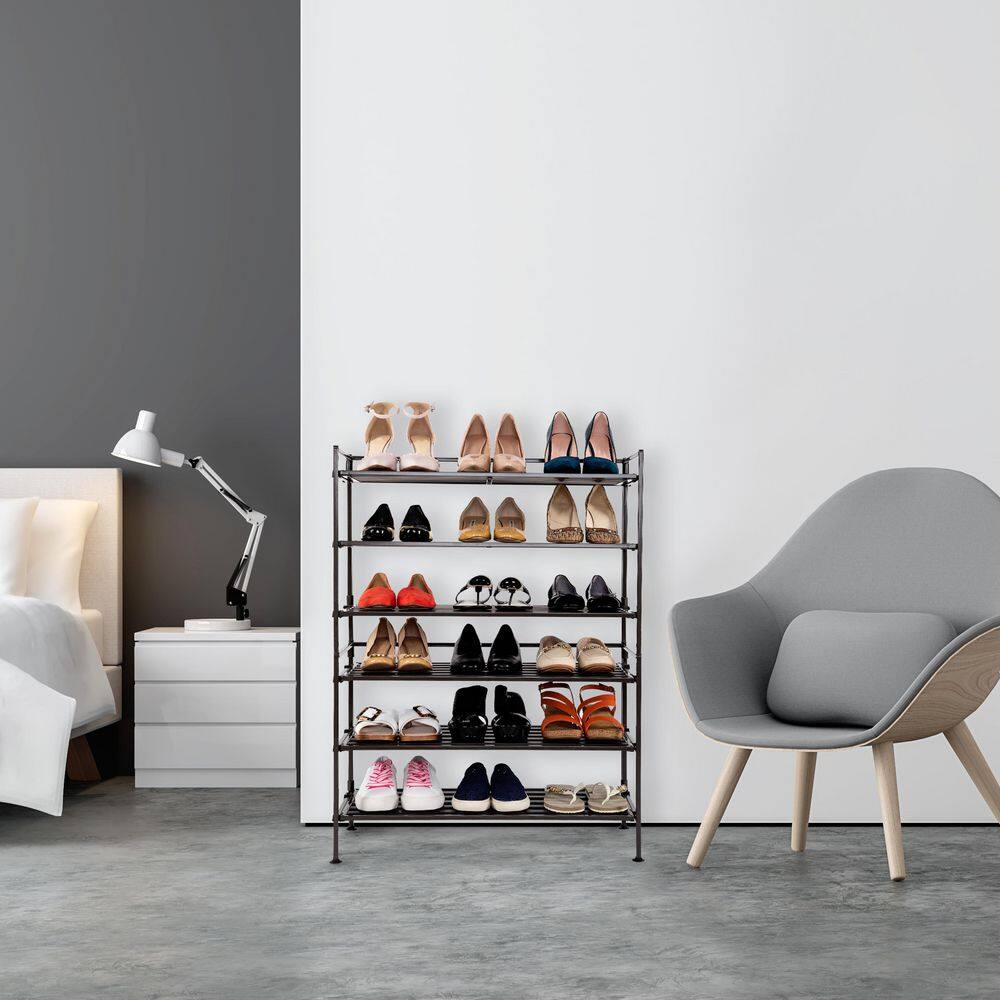 Seville Classics 18.5 in. H 9-Pair 3-Tier Espresso Resin Slat Iron Frame Stackable 2-Pack Shoe Rack WEB146