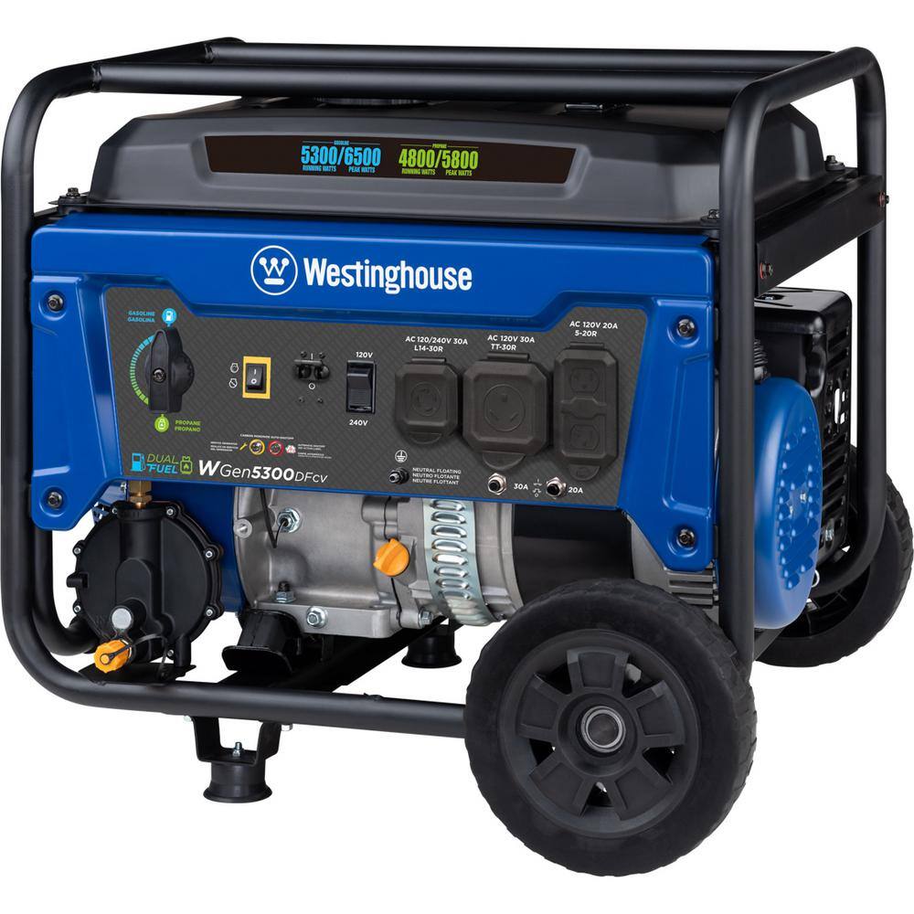 Westinghouse 6,500/5,300-Watt Dual Fuel Gas and Propane Powered Portable Generator with Digital Display, 30A 120/240V Outlet WGen5300DFcv