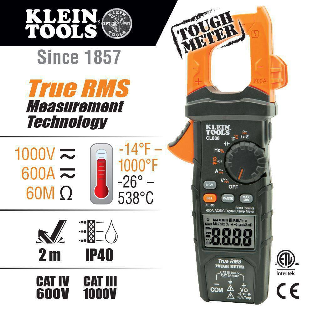 Klein Tools 600 Amp AC/DC True RMS Auto Ranging Digital Clamp Meter (CL800) CL800