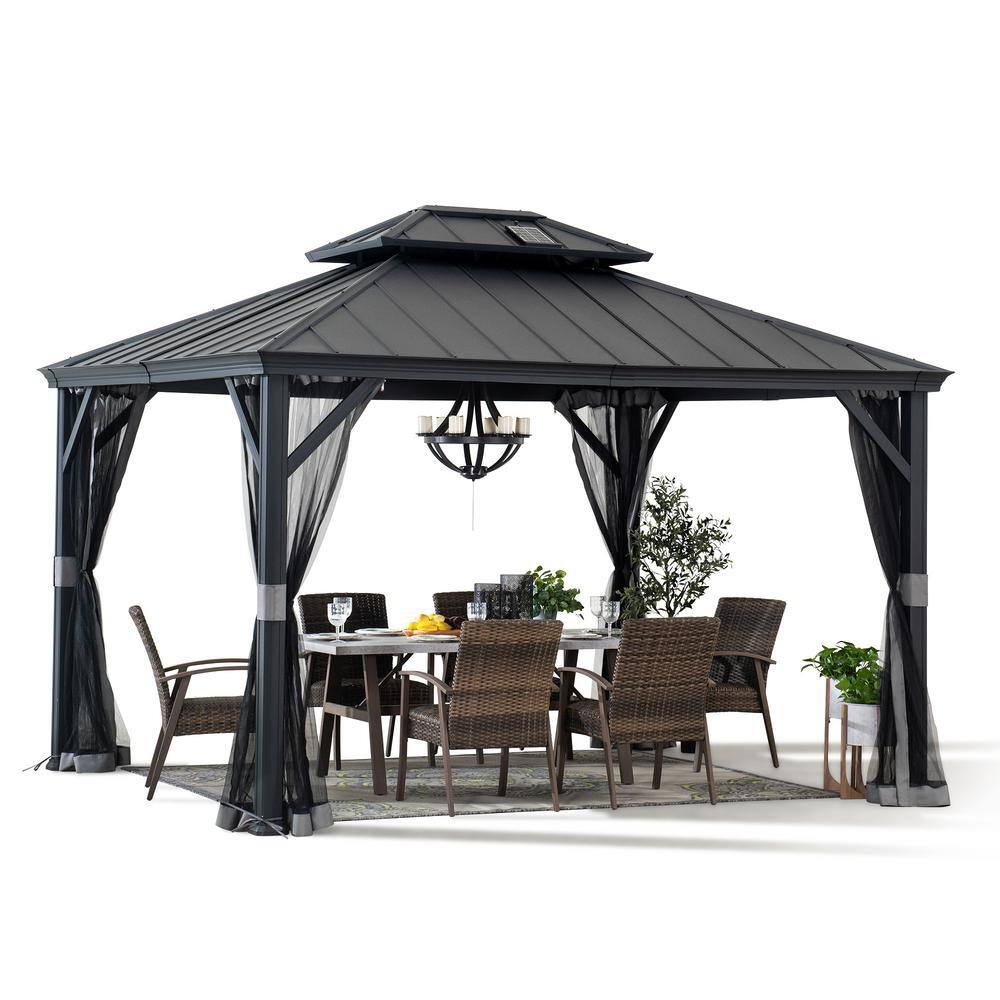 Sunjoy 10 ft. x 12 ft. 2-Tier Black Power-Coated Steel Hardtop Gazebo Patio Aluminum Frame Gazebo with Solar Panel and Netting A1020121C0