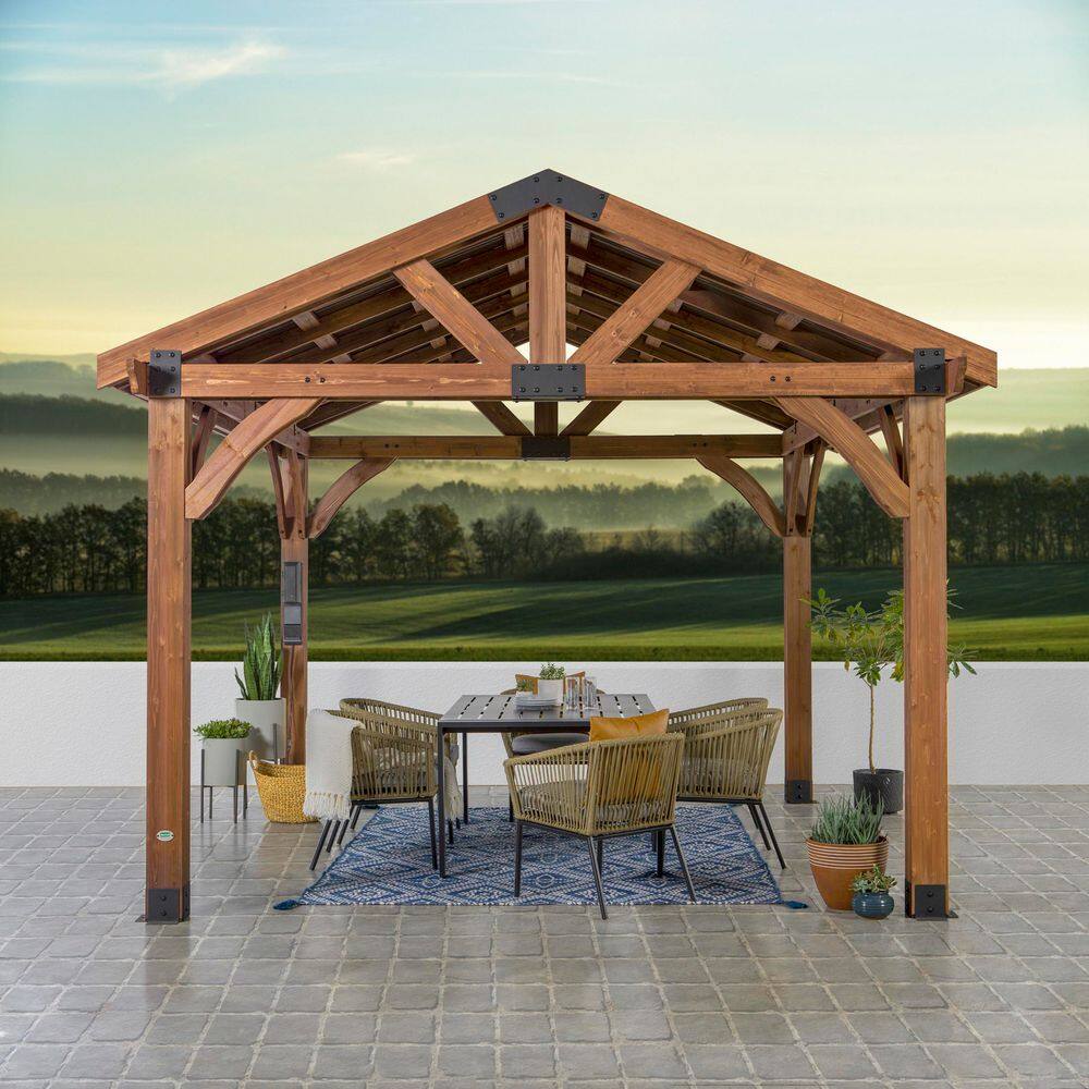 Backyard Discovery Arlington 12 ft. x 12 ft. All Cedar Wood Outdoor Gazebo Structure with Hard Top Steel Metal Peak Roof and Electric 2001527COM