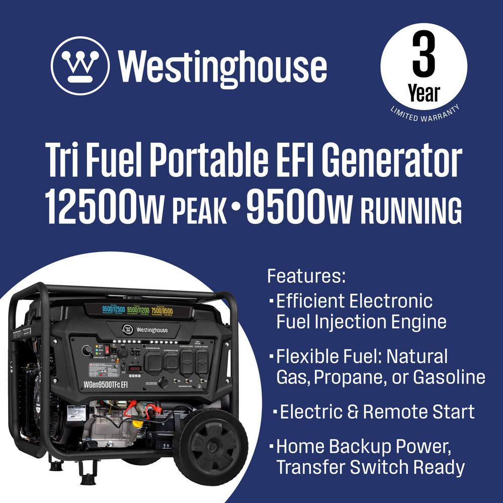 Westinghouse 12,500/9,500-Watt Tri-Fuel Gas, Propane, Natural Gas Powered EFI Portable Generator, Remote Electric Start, 50A Outlet WGen9500TFc EFI