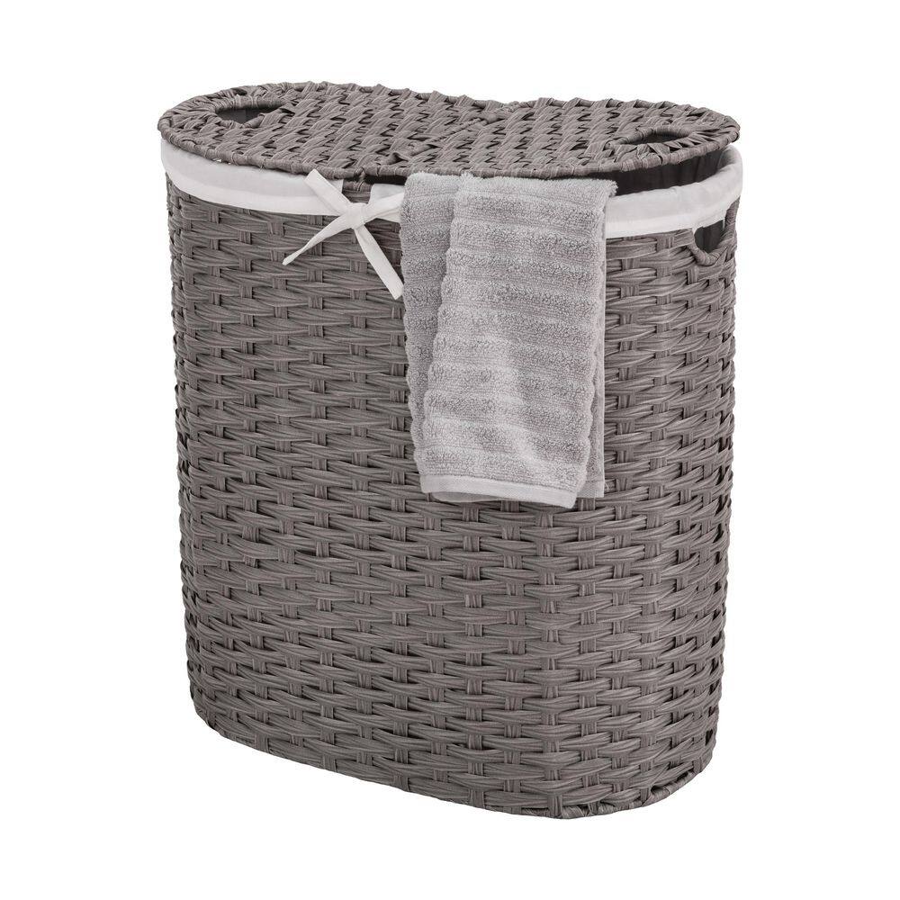 Seville Classics Gray 24 H x 22.75 W x 13 in. D Handwoven Plastic Contemporary Round Oval Double Laundry Room Hamper w/ Removable Liner STR06661B