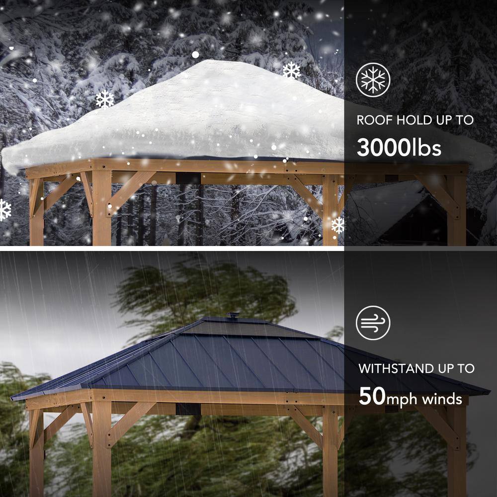 Sunjoy 11 ft. x 13 ft. Cedar Framed Gazebo with Brown Steel and Polycarbonate Hip Roof with Solar Powered LED Lights A102005891