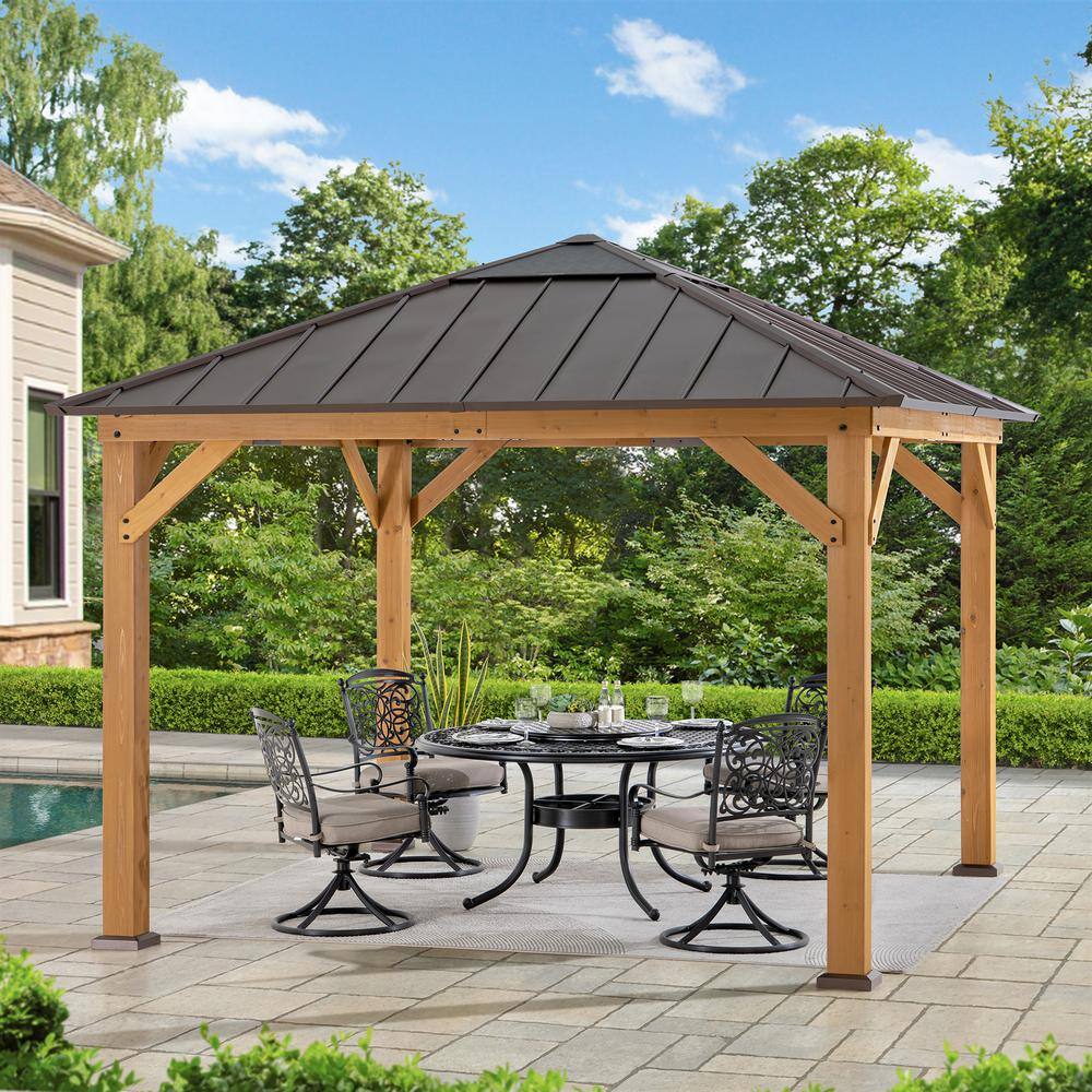 Sunjoy 11 ft. x 11 ft. Outdoor Patio Cedar Framed Hardtop Gazebo with Brown Steel Hip Roof and Frosted Polycarbonate Skylight A102007260