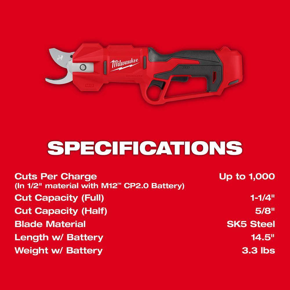 Milwaukee M12 12V Brushless Cordless Battery Powered Pruner Shears Kit with (3) Batteries & Charger 2534-21-48-11-2412