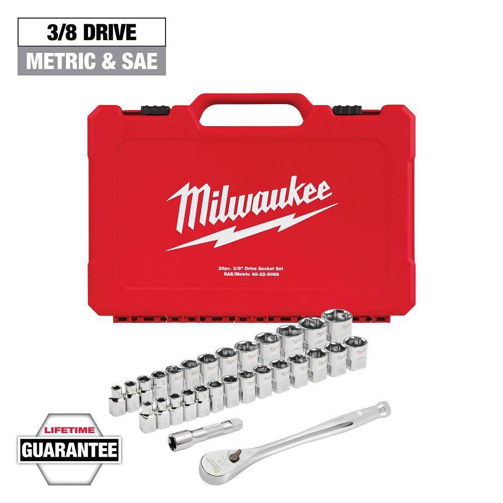 Milwaukee 3/8 in. Drive SAE/Metric Ratchet and Socket Mechanics Tool Set (29-Piece) 48-22-9088