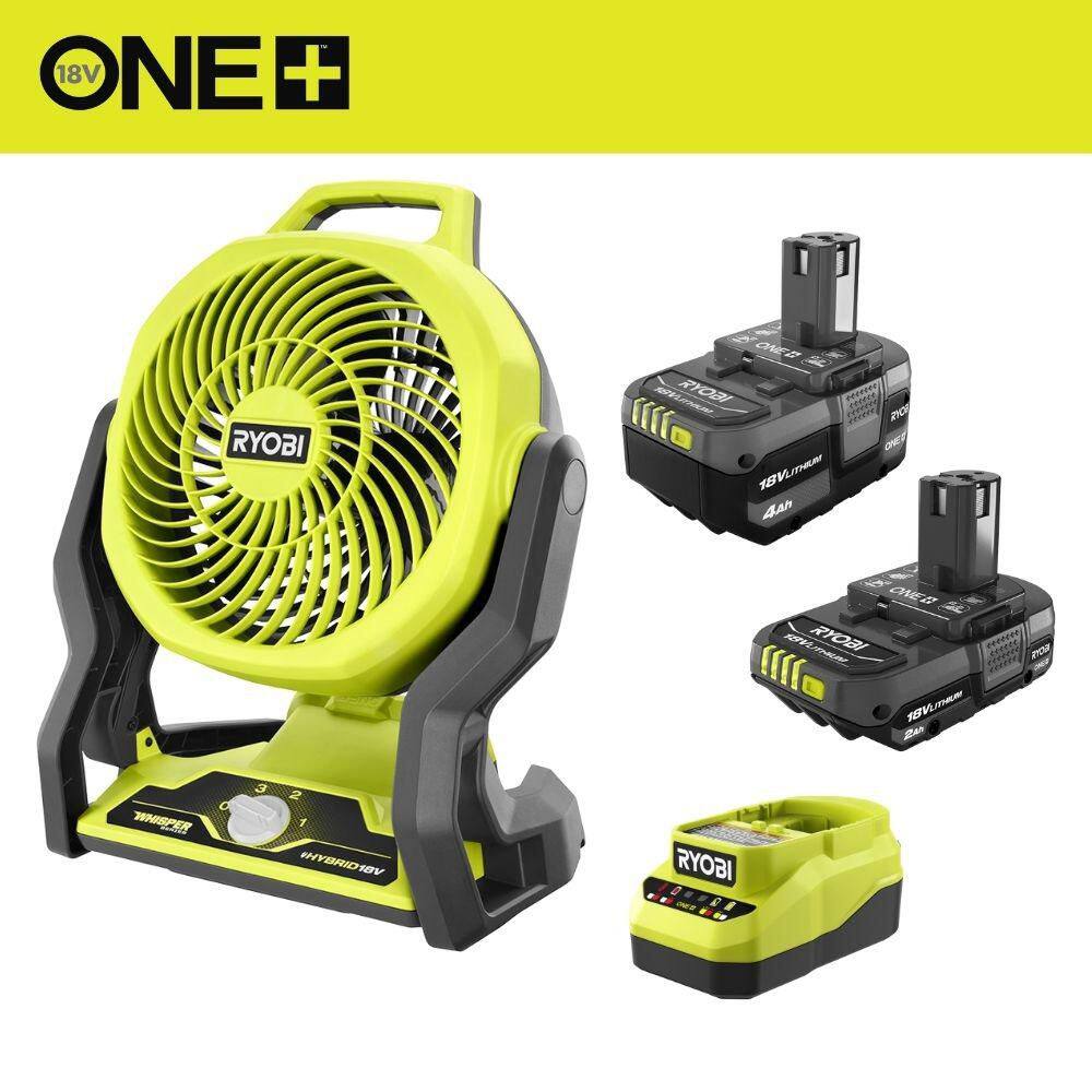RYOBI ONE+ 18V Lithium-Ion 4.0 Ah Battery, 2.0 Ah Battery, and Charger Kit with ONE+ Hybrid WHISPER SERIES 7-1/2 in. Fan PCL811B-PSK106SB