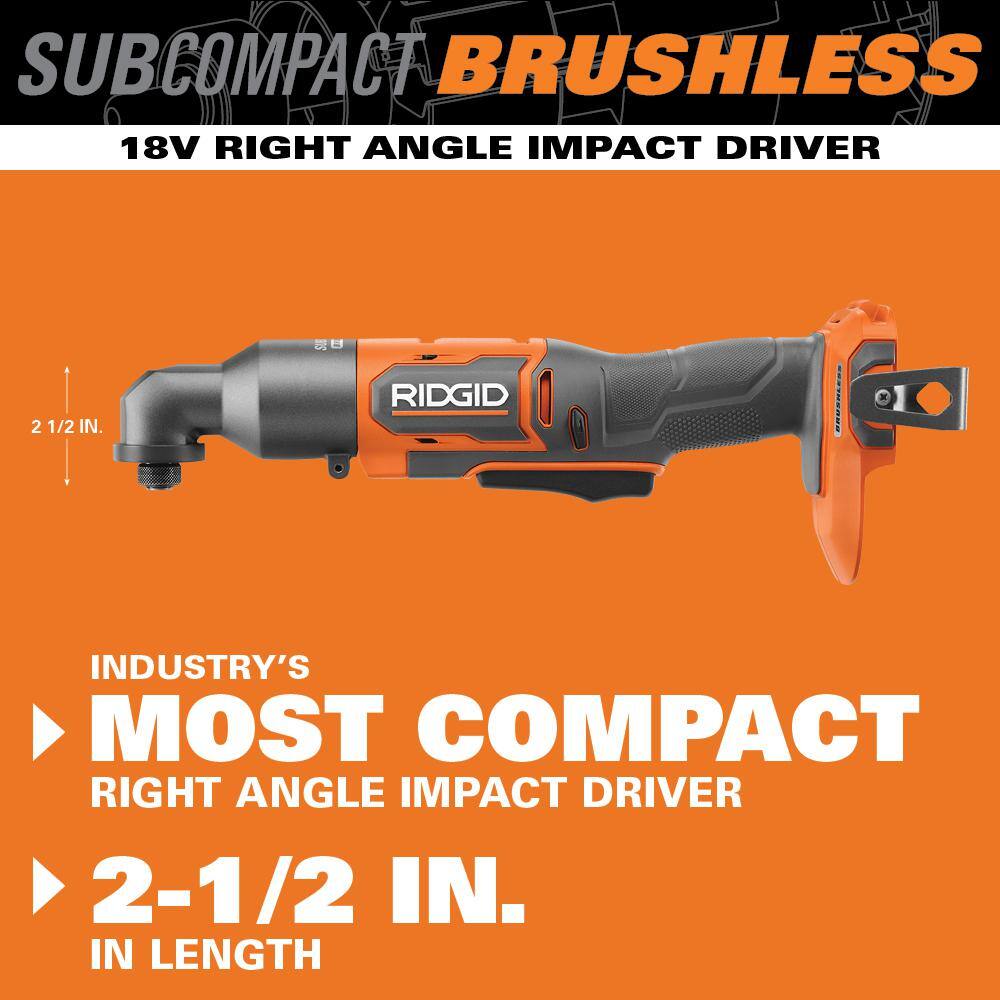 RIDGID 18V (2) 4.0 Ah Batteries and Charger Kit with 18V Subcompact Brushless Cordless Right Angle Impact Driver AC93044SBN-R87730B